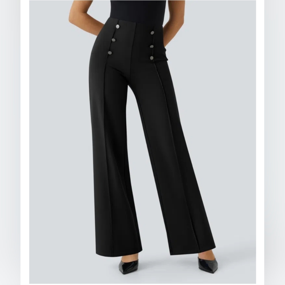 SOLD Halara Pants Size L High Waist Wide Leg Black Pockets Buttons Slim Flare - Picture 4 of 11